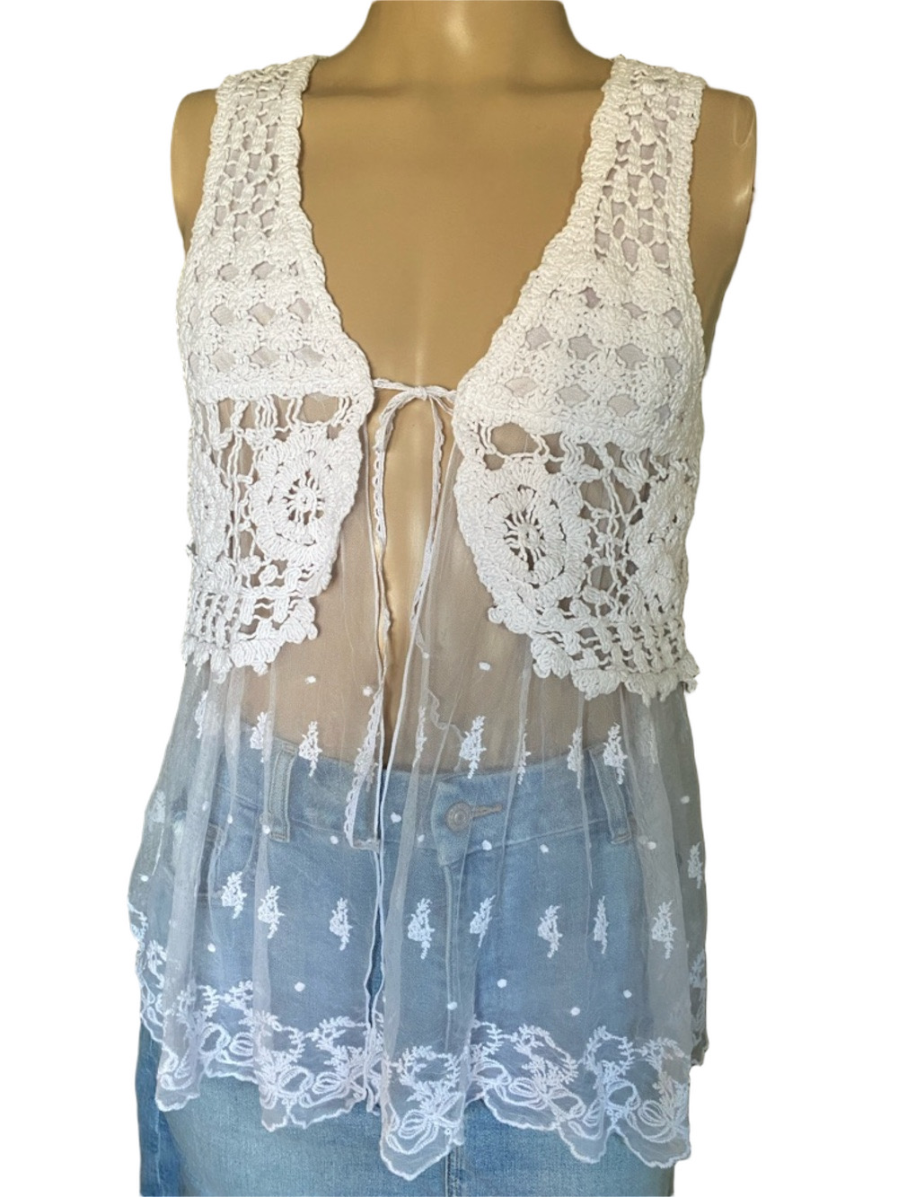 J.M.P Sheer White Crochet Tie-Front  Top